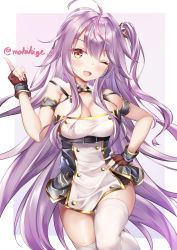 Rule 34 | 1girl, absurdres, ahoge, artist name, azur lane, breasts, brown gloves, buttons, cleavage, double-breasted, dress, fingerless gloves, gloves, gold trim, grenville (azur lane), hand on own hip, highres, large breasts, long hair, looking at viewer, makihige, microdress, multicolored hair, one eye closed, open mouth, oppai loli, orange eyes, pink background, purple hair, simple background, solo, streaked hair, thighhighs, two-tone background, very long hair, white background, white thighhighs