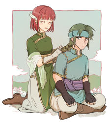Rule 34 | 1boy, 1girl, ^ ^, black gloves, blush, boots, braid, braiding hair, breasts, closed eyes, dress, fingerless gloves, fire emblem, fire emblem: the blazing blade, full body, gloves, green eyes, green hair, guy (fire emblem), hairdressing, hand in another&#039;s hair, headband, indian style, kneeling, long hair, looking at another, looking back, nintendo, noshima, open mouth, pants, ponytail, priscilla (fire emblem), red hair, sash, shirt, short hair, sitting, smile, white gloves, wing hair ornament