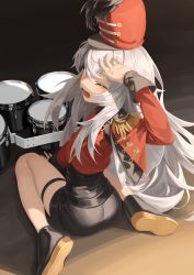Rule 34 | 1girl, absurdres, band uniform, black footwear, black shorts, black skirt, blush, brown eyes, drum, floor, g11 (chaotic symphony) (girls&#039; frontline), g11 (girls&#039; frontline), girls&#039; frontline, hand in own hair, hand on floor, highres, instrument, jacket, long hair, marching band, official alternate costume, on floor, one eye closed, open mouth, red headwear, red jacket, rui (rei leyi), shoes, shorts, silver hair, skirt, solo, uniform