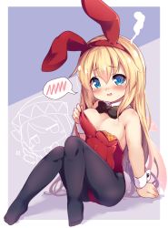 Rule 34 | 1girl, animal ears, baku-p, bare shoulders, black pantyhose, blonde hair, blue eyes, blush, breasts, cleavage, commentary request, commission, detached collar, fake animal ears, fake tail, full body, hair between eyes, hairband, highres, knees up, leotard, lily white, long hair, medium breasts, no shoes, nose blush, open mouth, pantyhose, playboy bunny, rabbit ears, rabbit tail, red hairband, red leotard, ringed eyes, sitting, skeb commission, solo, sparkle, spoken blush, steam, strapless, strapless leotard, sweat, tail, tears, thumbs up, touhou, very long hair, wrist cuffs