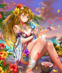 Rule 34 | 1girl, blonde hair, blue eyes, blush, bracelet, breasts, cleavage, cloud, cup, day, drinking straw, earrings, floating hair, flower, hair flower, hair ornament, hibiscus, holding, holding cup, jewelry, lan feng, long hair, medium breasts, ocean, one eye closed, open mouth, original, outdoors, red flower, sitting, solo, sparkle, summer, sweatdrop, very long hair, yellow flower