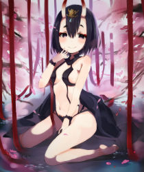 Rule 34 | 1girl, black hair, bob cut, breasts, fate/grand order, fate (series), gijxgij, hand on own chin, highres, horns, legs, looking at viewer, navel, purple eyes, revealing clothes, short hair, shuten douji (fate), sitting, small breasts, solo, wariza