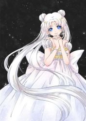Rule 34 | 1girl, bare shoulders, bishoujo senshi sailor moon, black background, blue eyes, bow, cowboy shot, crescent, crescent facial mark, double bun, dress, facial mark, forehead mark, hair ornament, hairpin, latealatea, long hair, looking at viewer, own hands clasped, own hands together, princess serenity, smile, solo, strapless, strapless dress, tsukino usagi, twintails, white bow, white dress, white hair