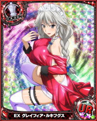 Rule 34 | 1girl, braid, breasts, card (medium), cellphone, character name, chess piece, closed mouth, grayfia lucifuge, grey eyes, grey hair, high school dxd, large breasts, lipstick, long hair, looking at viewer, maid headdress, makeup, matching hair/eyes, official art, phone, queen (chess), red lips, see-through, smartphone, smile, solo, thigh strap, thighhighs, trading card, twin braids, white thighhighs