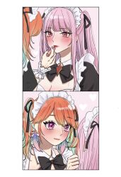 Rule 34 | 2girls, blunt bangs, blush, breasts, cleavage, earrings, feather earrings, feathers, highres, hololive, hololive english, jewelry, long hair, looking at another, maid headdress, medium breasts, mori calliope, multicolored hair, multiple girls, orange hair, pink hair, purple eyes, red eyes, sein 025, smile, takanashi kiara, twintails, virtual youtuber, yuri
