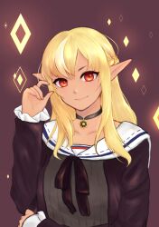 Rule 34 | 1girl, absurdres, bad id, bad twitter id, black choker, blonde hair, braid, brown background, brown dress, brown ribbon, brown sailor collar, choker, closed mouth, dark-skinned female, dark skin, dbr (dbruuu9), dress, french braid, hand up, highres, hololive, long hair, looking at viewer, neck ribbon, pointy ears, red eyes, ribbon, sailor collar, sailor dress, shiranui flare, shiranui flare (street), simple background, smile, solo, upper body, virtual youtuber