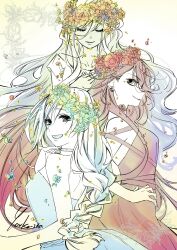Rule 34 | akira ferrari, alicia florence, aria (manga), athena glory, braid, closed eyes, dress, falling petals, head wreath, highres, itou youko, petals, signature, smile