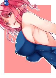 Rule 34 | 1girl, bare back, blush, breasts, covered erect nipples, female focus, hair bobbles, hair ornament, kurokuro, large breasts, looking at viewer, one-piece swimsuit, onozuka komachi, open mouth, outside border, red eyes, red hair, short hair, smile, solo, swimsuit, touhou, twintails, two side up
