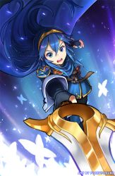 Rule 34 | 1girl, alternate eye color, armor, blue eyes, blue hair, bug, butterfly, cape, fingerless gloves, fire emblem, fire emblem awakening, gloves, hair between eyes, insect, long hair, looking at viewer, lucina (fire emblem), nintendo, open mouth, pokey, solo, sword, tiara, weapon