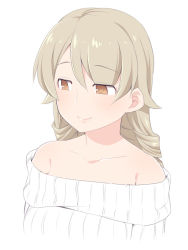 Rule 34 | 1girl, aged up, bad id, bad pixiv id, bare shoulders, blush, brown eyes, closed mouth, collarbone, hair between eyes, idolmaster, idolmaster cinderella girls, light brown hair, long hair, looking away, looking to the side, morikubo nono, off-shoulder, off-shoulder sweater, off shoulder, ribbed sweater, simple background, smile, solo, sweater, uccow, upper body, white background, white sweater