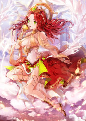 Rule 34 | 1girl, apple, armlet, armor, bad id, bad pixiv id, braid, breasts, cape, cloud, coin (ornament), collar, crown, curly hair, dress, emyo, feathers, fishnets, floating hair, flower, flying, food, fringe trim, fruit, full body, glint, gold, golden apple, greek mythology, green eyes, hair flower, hair ornament, hair stick, hera (mythology), highres, holding, holding food, holding fruit, jewelry, lens flare, light particles, long hair, looking at viewer, o-ring, o-ring top, open mouth, original, pillar, red hair, shawl, sideboob, signature, sitting, solo, sparkle, thighlet, underboob, vambraces, waist cape, wavy hair, white flower, white wings, wind, wings, wrist wings