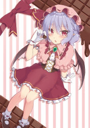 Rule 34 | 1girl, bat wings, beni kurage, black footwear, blue hair, blush, bobby socks, brooch, candy, capelet, chocolate, chocolate heart, commentary request, corset, feet out of frame, food, frilled capelet, frilled shirt collar, frills, gloves, hair between eyes, hand up, hat, hat ribbon, heart, highres, holding, holding food, jewelry, looking at viewer, mary janes, mob cap, neck ribbon, parted lips, petticoat, pink background, pink capelet, pink hat, pointy ears, red eyes, red ribbon, red skirt, remilia scarlet, ribbon, shoes, skirt, socks, solo, striped, striped background, touhou, vertical stripes, white background, white gloves, white socks, wings