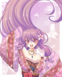 Rule 34 | 1girl, breasts, cleavage, dress, earrings, jewelry, large breasts, long hair, necklace, open mouth, purple hair, ranma 1/2, red eyes, shampoo (ranma 1/2), solo, uehara doh, very long hair