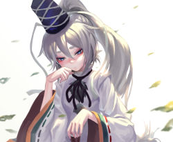 Rule 34 | 1girl, black ribbon, blue eyes, closed mouth, eyebrows, fkey, hair between eyes, hat, highres, japanese clothes, kariginu, long hair, long sleeves, mononobe no futo, neck ribbon, pom pom (clothes), ponytail, ribbon, ribbon-trimmed sleeves, ribbon trim, short eyebrows, silver hair, solo, tate eboshi, thick eyebrows, touhou, upper body, wide sleeves