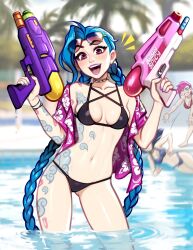 Rule 34 | 3girls, :d, bare shoulders, bikini, black bikini, blue hair, blush, blushyspicy, braid, breasts, caitlyn (league of legends), collarbone, gun, hands up, highres, holding, holding gun, holding weapon, jinx (league of legends), league of legends, leg tattoo, long hair, medium breasts, multiple girls, navel, open clothes, open mouth, open shirt, pink eyes, pink lips, pink shirt, shirt, siblings, sisters, smile, solo focus, stomach, sunglasses, swimsuit, tattoo, teeth, throwing, tongue, twin braids, vi (league of legends), wading, water gun, weapon