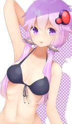 Rule 34 | 1girl, :p, arm at side, arm behind head, arm up, armpits, bad id, bad pixiv id, bare arms, bare shoulders, bikini, black bikini, black ribbon, breasts, closed mouth, collarbone, front-tie bikini top, front-tie top, hair ornament, hair tubes, hairpin, highres, long hair, looking at viewer, low twintails, navel, pink hair, polka dot, purple eyes, ribbon, small breasts, smile, solo, stomach, swimsuit, tareme, tongue, tongue out, twintails, vocaloid, voiceroid, yusake san, yuzuki yukari