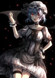 Rule 34 | 1girl, alternate costume, bat wings, black background, blue hair, choker, dress, dutch angle, fang, hand on own hip, hat, hat ribbon, highres, kuga huna, layered dress, legband, light particles, looking at viewer, mob cap, open mouth, petals, puffy sleeves, red eyes, remilia scarlet, ribbon, short hair, short sleeves, simple background, solo, thigh strap, touhou, wings, wrist cuffs