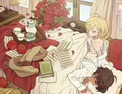 Rule 34 | 2boys, alarm clock, androgynous, apple, bandaged arm, bandaged chest, bandages, blonde hair, book, bouquet, brown hair, clock, closed eyes, collared shirt, cup, curtains, dark-skinned male, dark skin, desk lamp, envelope, flower, food, fruit, gilbert cocteau, green eyes, indoors, kaze to ki no uta, lamp, long sleeves, looking at another, male focus, meremero, multiple boys, paper, petals, pillow, red apple, red flower, red rose, rose, rose petals, scarf, serge battour, sheet music, shirt, short hair, sitting, sleeping, table, teacup, teapot, tray, under covers, unworn scarf, white shirt, window, yaoi
