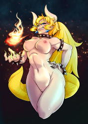 Rule 34 | 1girl, absurdres, blonde hair, blue eyes, bowsette, breasts, grin, highres, horns, koopa, large breasts, long hair, mario (series), navel, new super mario bros. u deluxe, nintendo, nipples, nude, pointy ears, ponytail, pussy, smile, solo, standing, tagme, uncensored