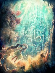 Rule 34 | 1girl, barefoot, building, castle, dress, fantasy, fish, from behind, leclle, light rays, long hair, original, scenery, solo, stairs, swimming, tree, twintails, underwater, very long hair