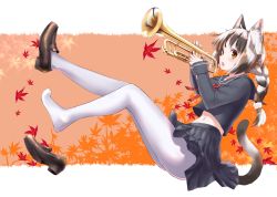 Rule 34 | 1girl, :o, black shirt, black skirt, blush, brown eyes, brown footwear, brown hair, cat, cat tail, commentary request, from side, highres, holding, holding instrument, instrument, long sleeves, mozu (peth), multicolored hair, navel, original, pantyhose, pleated skirt, shirt, unworn shoe, shoes, skirt, sleeves past wrists, solo, tail, trumpet, white hair, white pantyhose