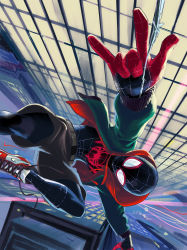 Rule 34 | 1boy, absurdres, black shirt, city, cityscape, cloud, dusk, evening, falling, fingerless gloves, gloves, highres, hood, marvel, miles morales, red footwear, sawada2, shirt, shoes, sky, sneakers, solo, spider-man: into the spider-verse, spider-man (series), spider-verse