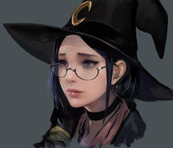 Rule 34 | 10s, blue hair, brown eyes, choker, frostce, glasses, hat, lips, little witch academia, looking up, realistic, simple background, solo, ursula callistis, witch, witch hat