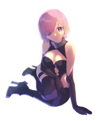 Rule 34 | 1girl, absurdres, black gloves, black leotard, black thighhighs, breasts, cleavage, cleavage cutout, closed mouth, clothing cutout, elbow gloves, ena1215, eyes visible through hair, fate/grand order, fate (series), full body, gloves, hair over one eye, high heels, highres, leotard, looking at viewer, mash kyrielight, medium breasts, navel, pink hair, purple eyes, purple thighhighs, short hair, simple background, sitting, smile, solo, stomach cutout, thighhighs, two-tone gloves, two-tone thighhighs, white background