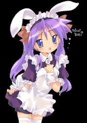 Rule 34 | 00s, 1girl, alternate costume, animal ears, apron, blue eyes, blush, rabbit ears, enmaided, hiiragi kagami, long hair, lucky star, maid, maid apron, nyanmilla, open mouth, purple hair, solo, thighhighs, transparent background, twintails, wrist cuffs