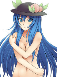 Rule 34 | 1girl, alternate eye color, aogu, blue eyes, blue hair, breast hold, breasts, covering privates, covering breasts, female focus, food, fruit, hat, highres, hinanawi tenshi, long hair, matching hair/eyes, navel, nude, peach, solo, topless frame, touhou, upper body