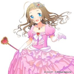 Rule 34 | 1girl, :d, agent 7, ahoge, bad id, bad pixiv id, blue eyes, brown hair, donacoo, dress, frilled dress, frills, gloves, jewelry, long hair, looking at viewer, necklace, official art, open mouth, original, pink dress, simple background, smile, solo, tiara, white background, white gloves, yuuhi homare