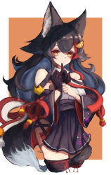 Rule 34 | 1girl, absurdres, animal ears, azur lane, bare shoulders, biting, black gloves, black hair, black kimono, black skirt, black thighhighs, blush, cowboy shot, cropped legs, flipped hair, floral print, glove biting, gloves, grey hair, hair ornament, hairclip, highres, hololive, inre kemomimi, japanese clothes, kimono, long hair, looking at viewer, low-tied long hair, miniskirt, multicolored hair, off shoulder, ookami mio, pleated skirt, red hair, shirt, sidelocks, skirt, solo, streaked hair, tail, tail around own leg, tail wrap, thighhighs, very long hair, virtual youtuber, white hair, white shirt, wolf ears, wolf girl, wolf tail, yellow eyes, zettai ryouiki