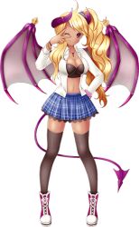 Rule 34 | 1girl, amesuku gyaru, artist request, bat wings, black sclera, black tank top, black thighhighs, blonde hair, blue skirt, bracelet, breasts, cleavage, colored sclera, crop top, cross, cross necklace, demon girl, demon tail, game cg, gyaru, high tops, horns, jewelry, kogal, large breasts, lethe (monster musume), long hair, looking at viewer, midriff, monster musume no iru nichijou, monster musume no iru nichijou online, navel, necklace, non-web source, official art, one eye closed, open clothes, open shirt, pink eyes, pink footwear, pink nails, plaid, plaid skirt, pleated skirt, ponytail, scrunchie, shirt, shoes, skirt, sneakers, solo, swept bangs, tail, tan, tank top, thighhighs, v, white shirt, wings, zettai ryouiki