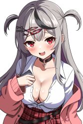 Rule 34 | 1girl, absurdres, blush, breasts, cleavage, collar, collarbone, ear piercing, fang, from front, grey hair, hair ornament, hand on breast, heart collar, highres, hololive, jacket, jacket down, jacket open, long hair, long sleeves, looking at viewer, looking forward, minasoko1130, multicolored hair, open mouth, partially unbuttoned, piercing, pink jacket, red eyes, red skirt, sakamata chloe, shirt, shirt tucked in, sidelocks, simple background, skirt, smile, solo, streaked hair, virtual youtuber, white background, white shirt, x hair ornament