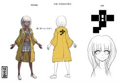 Rule 34 | 1girl, bikini, bikini top only, bikini under clothes, blue eyes, blunt bangs, blush, character sheet, collarbone, concept art, danganronpa (series), danganronpa v3: killing harmony, dark skin, frilled bikini, frilled skirt, frills, full body, highres, jacket, jewelry, komatsuzaki rui, long hair, looking at viewer, low twintails, navel, necklace, official art, open clothes, open jacket, silver hair, simple background, skirt, smile, stomach piercing, swimsuit, twintails, yellow jacket, yonaga angie