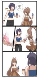 Rule 34 | 2girls, :d, ^ ^, anyacchi, blue hair, blue tank top, breasts, brown hair, closed eyes, commentary, english commentary, english text, food, highres, holding food, holding ice cream, hololive, hololive english, ice cream, long hair, midriff, multiple girls, nanashi mumei, o o, open mouth, ouro kronii, ponytail, smile, tank top, virtual youtuber
