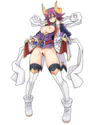 Rule 34 | 1girl, bad id, bad pixiv id, bar censor, boots, breasts, breasts out, censored, horns, large breasts, looking at viewer, nash (na-si), nipples, no panties, pointy ears, purple eyes, purple hair, pussy, shinrabanshou, shion (shinrabanshou), short hair, simple background, smile, solo, thigh boots, thighhighs, white background