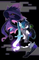 Rule 34 | 1girl, aqua hair, back cutout, black thighhighs, clothing cutout, creatures (company), detached sleeves, dusk ball, game freak, gen 4 pokemon, ghost miku (project voltage), glitch, grey shirt, hair between eyes, hatsune miku, leo (kkm441106), long hair, looking back, mismagius, nintendo, parted lips, poke ball, pokemon, pokemon (creature), project voltage, see-through, see-through skirt, shirt, skirt, sleeves past fingers, sleeves past wrists, thighhighs, twintails, very long hair, vocaloid, will-o&#039;-the-wisp (mythology), yellow eyes