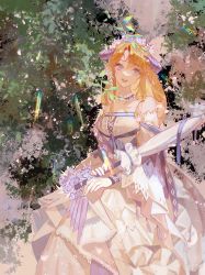 Rule 34 | 1girl, absurdres, arknights, bare shoulders, blonde hair, blue eyes, closed umbrella, collar, commentary request, cowboy shot, dalujiadebianyuan, dress, head tilt, highres, holding, holding umbrella, horns, long hair, looking at viewer, off-shoulder dress, off shoulder, official alternate costume, open mouth, saileach (appreciate fragrance) (arknights), saileach (arknights), solo, standing, umbrella, white dress, white umbrella