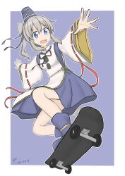 Rule 34 | 1girl, :d, absurdres, apf, blue eyes, blue hat, blue skirt, dated, full body, grey background, grey hair, hat, highres, japanese clothes, kariginu, looking at viewer, mononobe no futo, open mouth, outstretched arms, pom pom (clothes), ponytail, ribbon-trimmed sleeves, ribbon trim, short hair, signature, simple background, skateboard, skirt, smile, solo, tate eboshi, touhou, wide sleeves