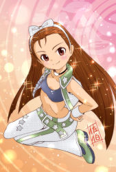 Rule 34 | 00s, 1girl, belt, bow, breasts, brown hair, buckle, choker, cleavage, closed mouth, collarbone, cool &amp; sexy (idolmaster), full body, hair bow, head tilt, idolmaster, idolmaster (classic), idolmaster 1, long hair, looking at viewer, minase iori, open clothes, open vest, red eyes, saeki tatsuya, sitting, smirk, solo, strapless, tube top, very long hair, vest, wariza, white bow