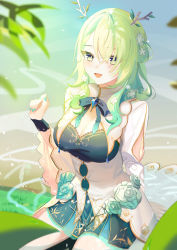 Rule 34 | 1girl, :d, absurdres, antlers, bad id, bad pixiv id, blush, braid, braided bangs, branch, breasts, ceres fauna, dress, eyes visible through hair, flower, green dress, green hair, green nails, hair flower, hair ornament, hair over one eye, highres, hololive, hololive english, horns, jiang ye kiri, large breasts, long hair, long sleeves, looking at viewer, mole, mole under eye, nail polish, open mouth, single braid, sitting, smile, solo, virtual youtuber, water, white flower, wrist cuffs, yellow eyes