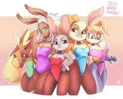 Rule 34 | 5girls, absurdres, animal ears, bare shoulders, beige background, black legwear, black sclera, blonde hair, blue eyes, blue leotard, bow, bowtie, breasts, bunnie rabbot, cleavage, collarbone, colored sclera, covered navel, creatures (company), cyborg, dark-skinned female, dark skin, dated, detached collar, earrings, easter, english text, fake animal ears, final fantasy, final fantasy xii, fran (ff12), furry, game freak, gen 4 pokemon, grabbing, grabbing another&#039;s breast, green eyes, green leotard, grey eyes, half-closed eyes, hand on another&#039;s shoulder, hand on own hip, hand up, highres, jewelry, judy hopps, large breasts, legs apart, leotard, lola bunny, looking at viewer, looking down, looking to the side, looney tunes, lopunny, medium breasts, multiple girls, navel, nintendo, open mouth, pantyhose, pink eyes, pink leotard, playboy bunny, pokemon, pokemon (creature), pokemon dppt, purple eyes, purple leotard, rabbit ears, rabbit tail, red leotard, secretly saucy, short hair, signature, simple background, small breasts, smile, sonic (series), standing, strapless, tail, teeth, text focus, waving, white background, white hair, wrist cuffs, zootopia