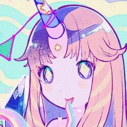 Rule 34 | + +, 1girl, blue background, facial mark, forehead mark, horns, kiato, long hair, looking at viewer, original, parted bangs, pink hair, purple eyes, rainbow, single horn, smile, solo, star (symbol), tongue, tongue out, unicorn girl, unicorn horn