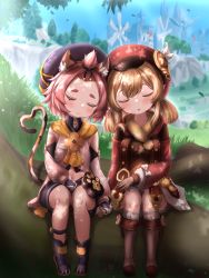 Rule 34 | 2girls, :3, absurdres, ahoge, animal ears, animal print, backpack, bad id, bad pixiv id, bag, unworn bag, bangs pinned back, belt, black footwear, black shorts, blurry, boots, brown footwear, brown gloves, brown scarf, cabbie hat, cat ears, cat girl, cat print, cat tail, clover print, coat, commentary, depth of field, detached sleeves, diona (genshin impact), flower, genshin impact, gloves, grass, hair between eyes, hair ribbon, hat, hat feather, hat flower, hat ornament, highres, holding hands, klee (genshin impact), knee boots, kneehighs, kuma piv, light brown hair, long hair, long sleeves, low twintails, midriff, multiple girls, navel, parted lips, paw print, pink hair, pointy ears, puffy detached sleeves, puffy shorts, puffy sleeves, randoseru, red coat, red headwear, ribbon, scarf, short hair, shorts, sidelocks, sitting, skyline, sleeping, sleeping on person, socks, symbol-only commentary, tail, thick eyebrows, tree, twintails, vision (genshin impact), white gloves, windmill