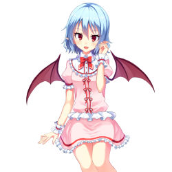 Rule 34 | 1girl, :d, bat wings, blue hair, bow, bowtie, collar, cowboy shot, dress, eyebrows, eyelashes, fang, frilled dress, frills, hair between eyes, head tilt, junior27016, looking at viewer, open mouth, pink dress, pointy ears, puffy short sleeves, puffy sleeves, red bow, red bowtie, red eyes, red ribbon, remilia scarlet, revision, ribbon, short hair, short sleeves, simple background, smile, solo, spikes, tareme, tooth, touhou, vampire, white background, wings, wrist cuffs