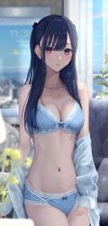 Rule 34 | 1girl, absurdres, blue hair, blush, bra, breasts, cleavage, collarbone, commentary, highres, inaka 44, lingerie, long hair, looking at viewer, medium breasts, navel, original, panties, purple eyes, solo, stomach, symbol-only commentary, thighs, underwear
