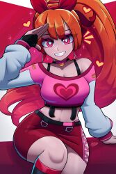 Rule 34 | 1girl, absurdres, aged up, axlhearts, blossom (ppg), bow, breasts, choker, cleavage, crop top, eyeshadow, hair bow, highres, kneehighs, long hair, makeup, miniskirt, navel, orange hair, pink eyes, pink eyeshadow, pink lips, ponytail, powerpuff girls, powerpuff girls z, salute, skirt, smile, socks, solo, suspenders hanging, thick thighs, thighs, wide hips