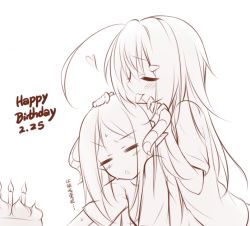 Rule 34 | 2girls, blush, cake, closed eyes, food, happy birthday, heart, horns, lethe-shion, long hair, monochrome, multiple girls, simple background, smile, translation request, white background
