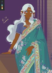 Rule 34 | 1girl, autumn-sacura, blue eyes, circlet, color guide, contrapposto, dark-skinned female, dark skin, earrings, facial mark, hyakujuu-ou golion, indian clothes, jewelry, long hair, looking away, necklace, pointy ears, princess allura, sari, silver hair, smile, solo, standing, voltron: legendary defender, voltron (series)